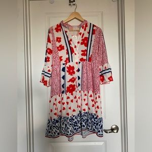 Red & navy patterned heart dress . Size 6 - small